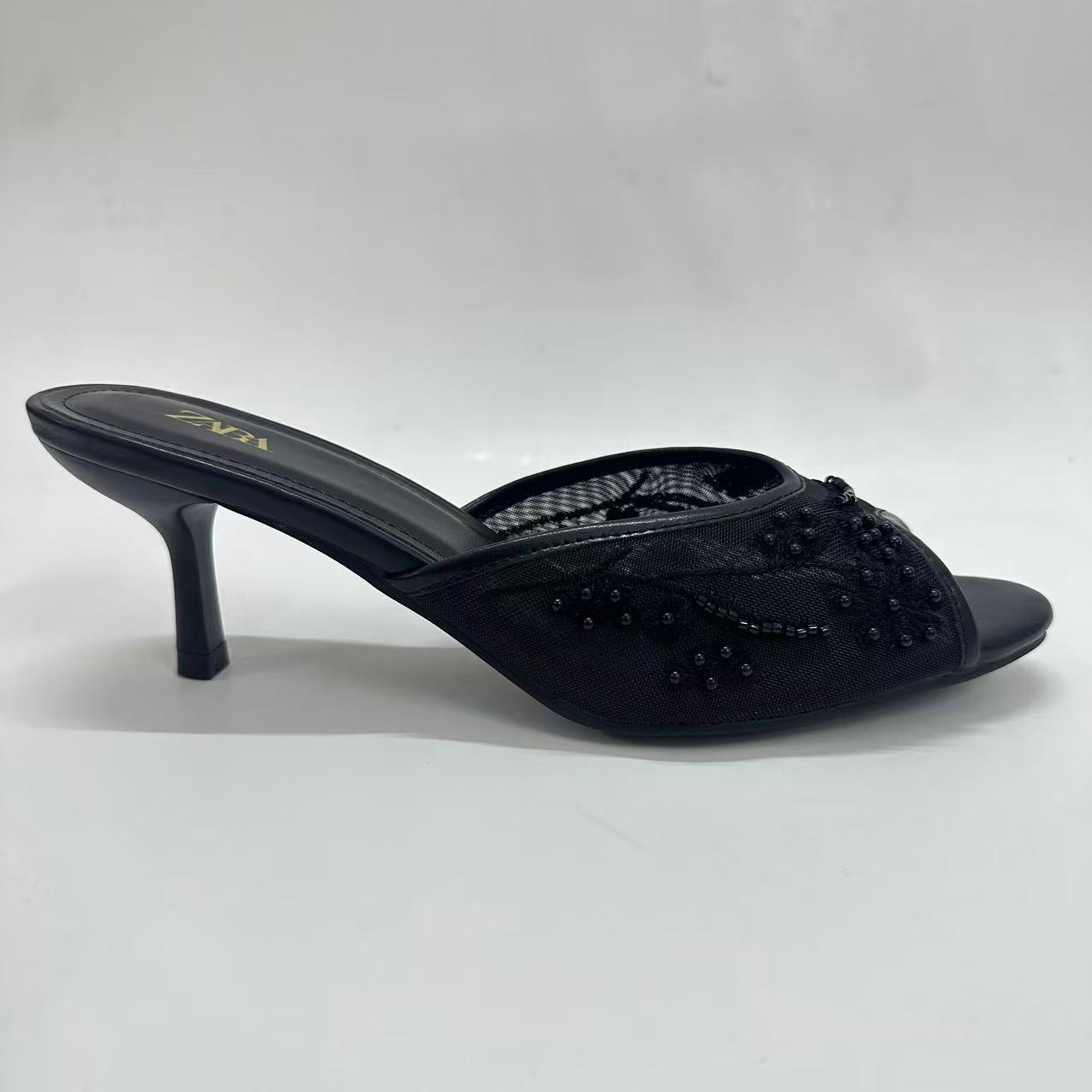 2026 new high-heeled sandals decorated with embroidered beads on the net