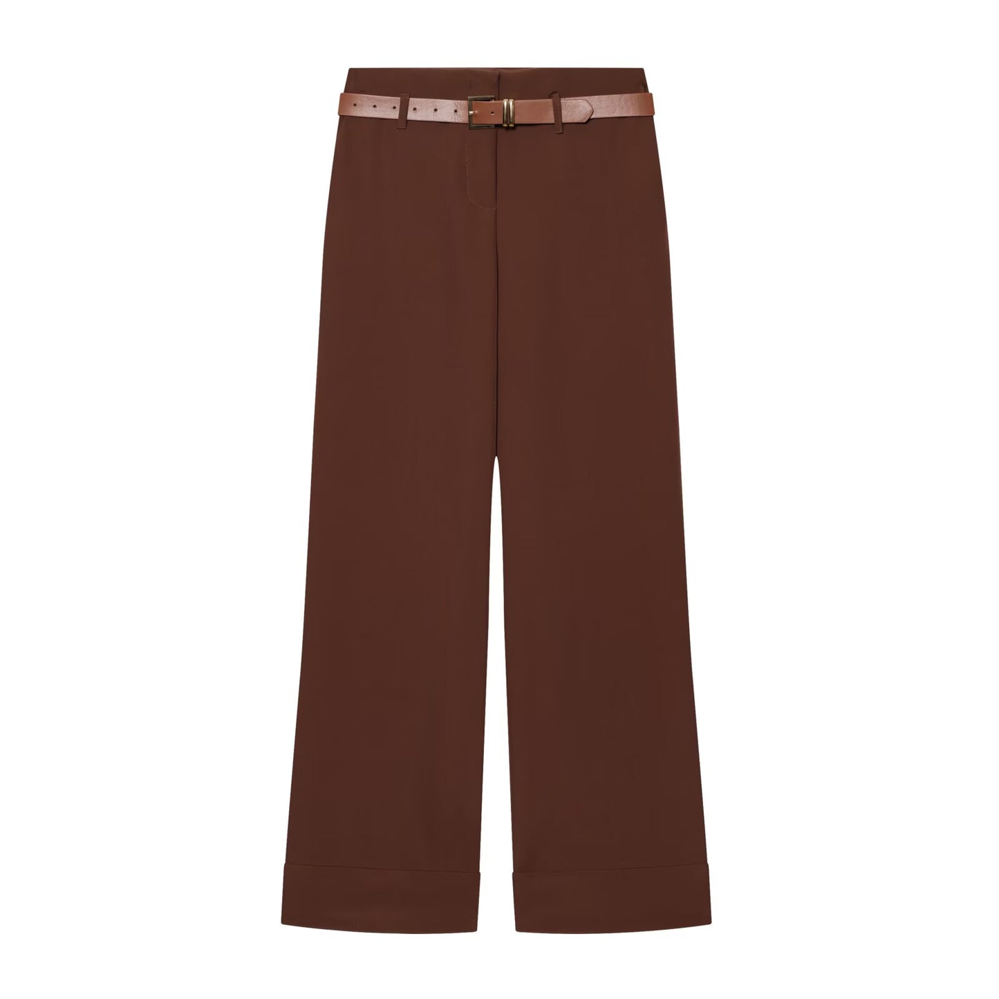 Women's With Belt high waisted straight leg rolled edge pants