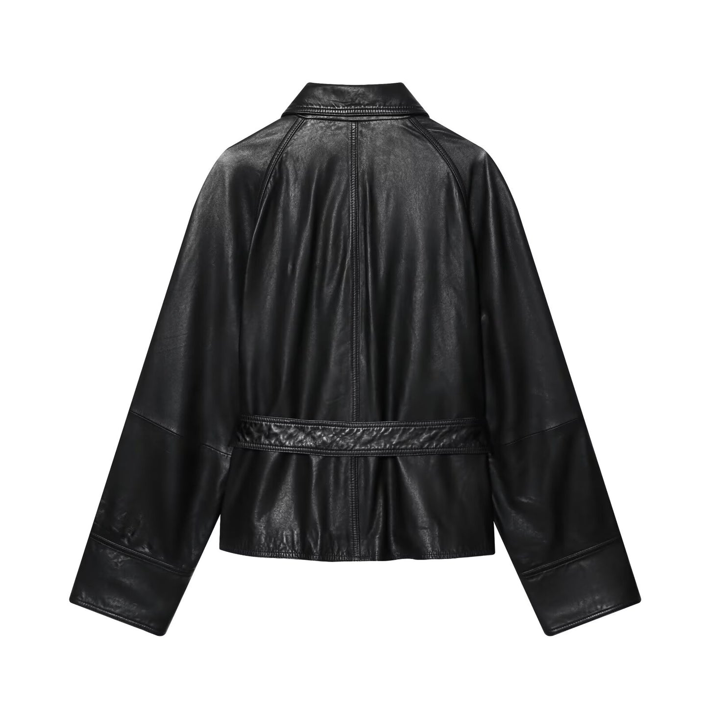 Women's with Belt Black Faux Leather Lapel Coat