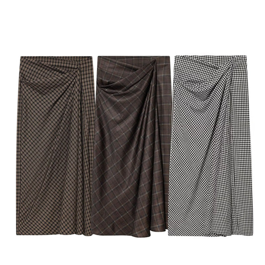 Women's pleated decorative plaid MIDI skirt