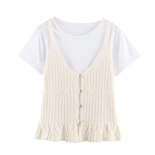 Women's casual hollow texture two-piece style knitted top