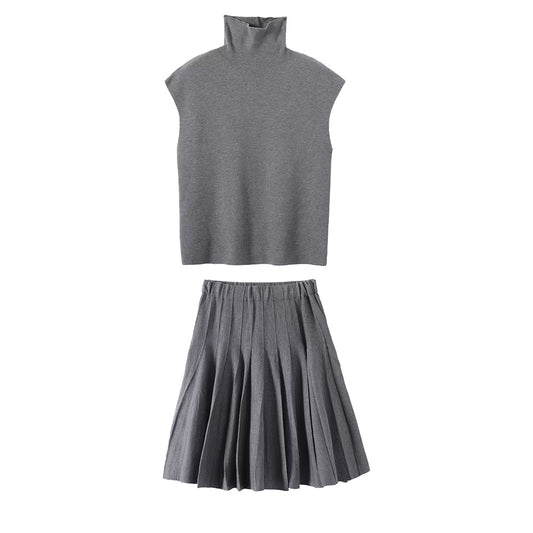 Women's new fashion high neck flying sleeve knitted vest+Skirts suit