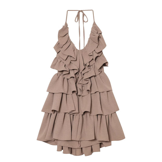 Women's layered decorative chiffon halter neck dress
