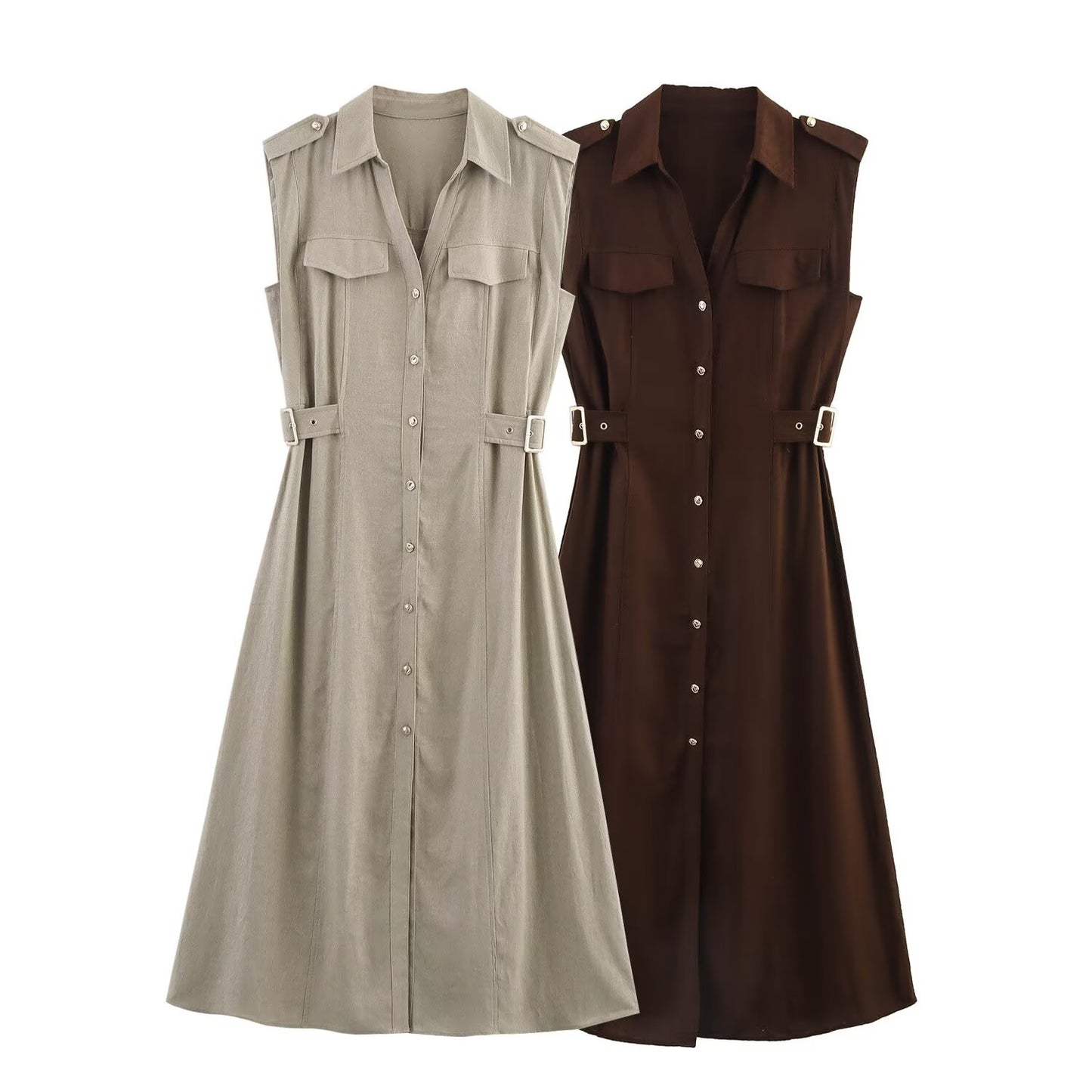 Women's new chic fashion flip decoration casual single breasted linen blended MIDI dress retro sleeveless women's dress