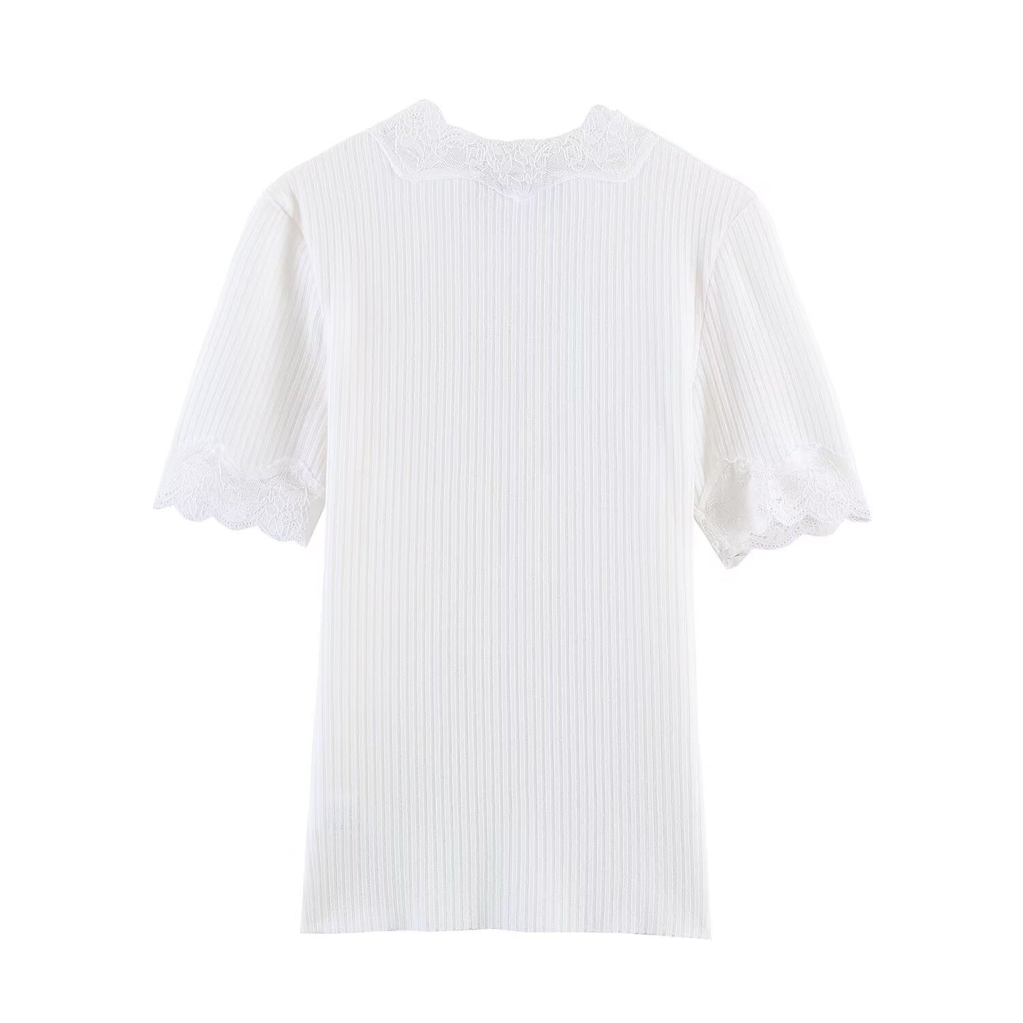 Women's slim V-neck lace ribbed T-shirt