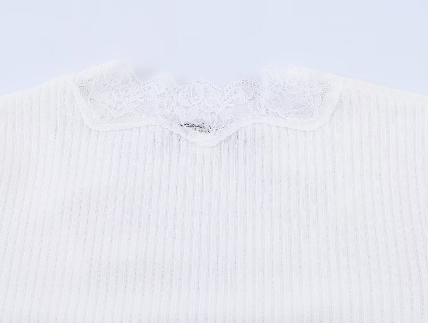 Women's slim V-neck lace ribbed T-shirt