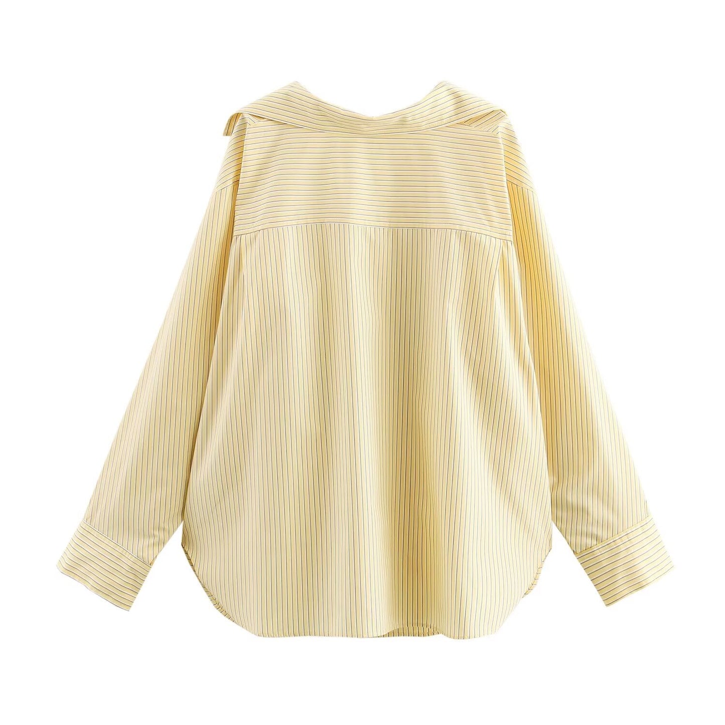 Women's 2025 new fashion pleated decoration loose single breasted striped shirt retro long sleeved pocket women's shirt chic top