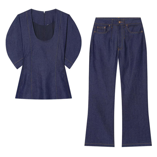 suit Women's 2 pieces O Neck bubble short sleeved denim shirt+jeans