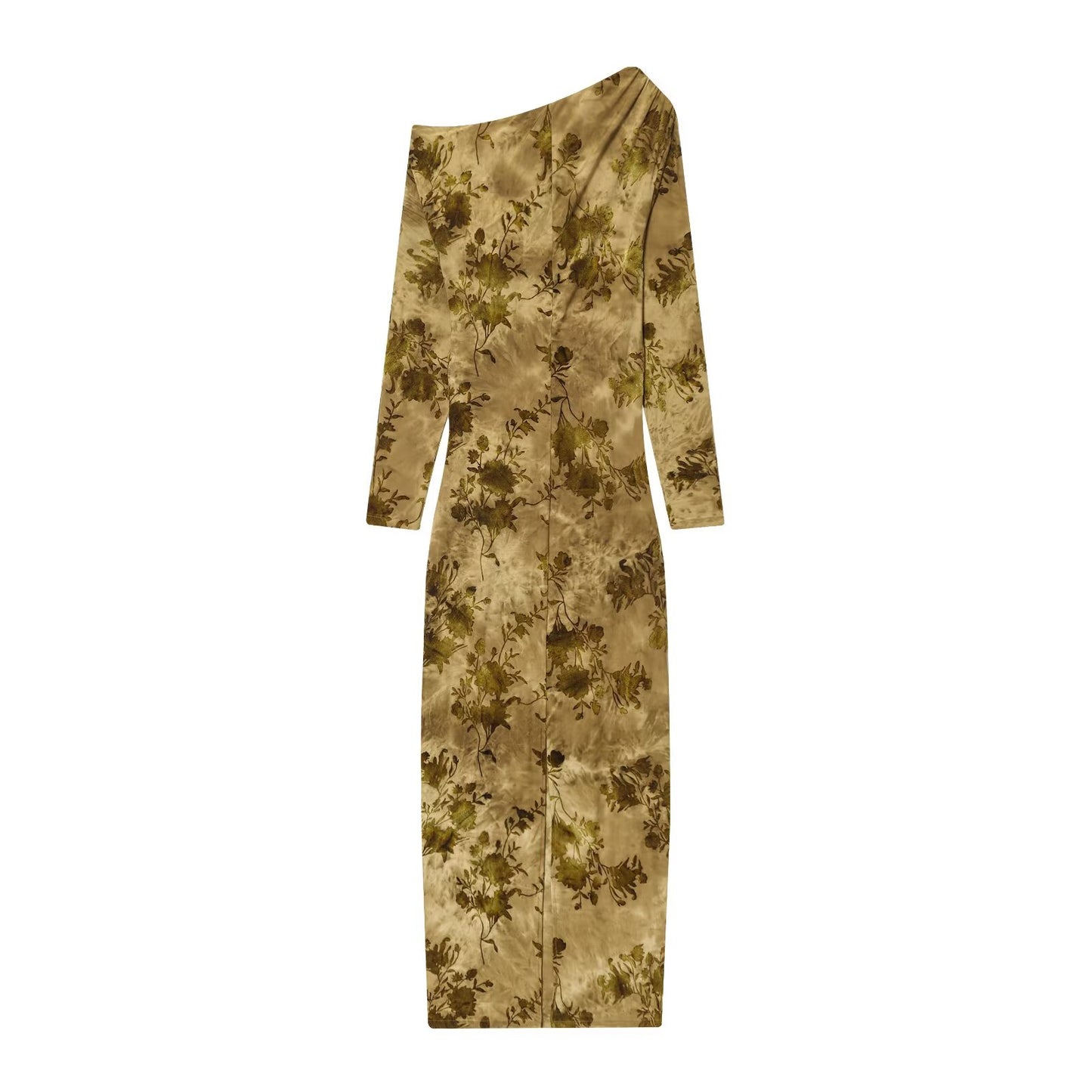Women's new flocking pleated decoration slim off shoulder MIDI dress