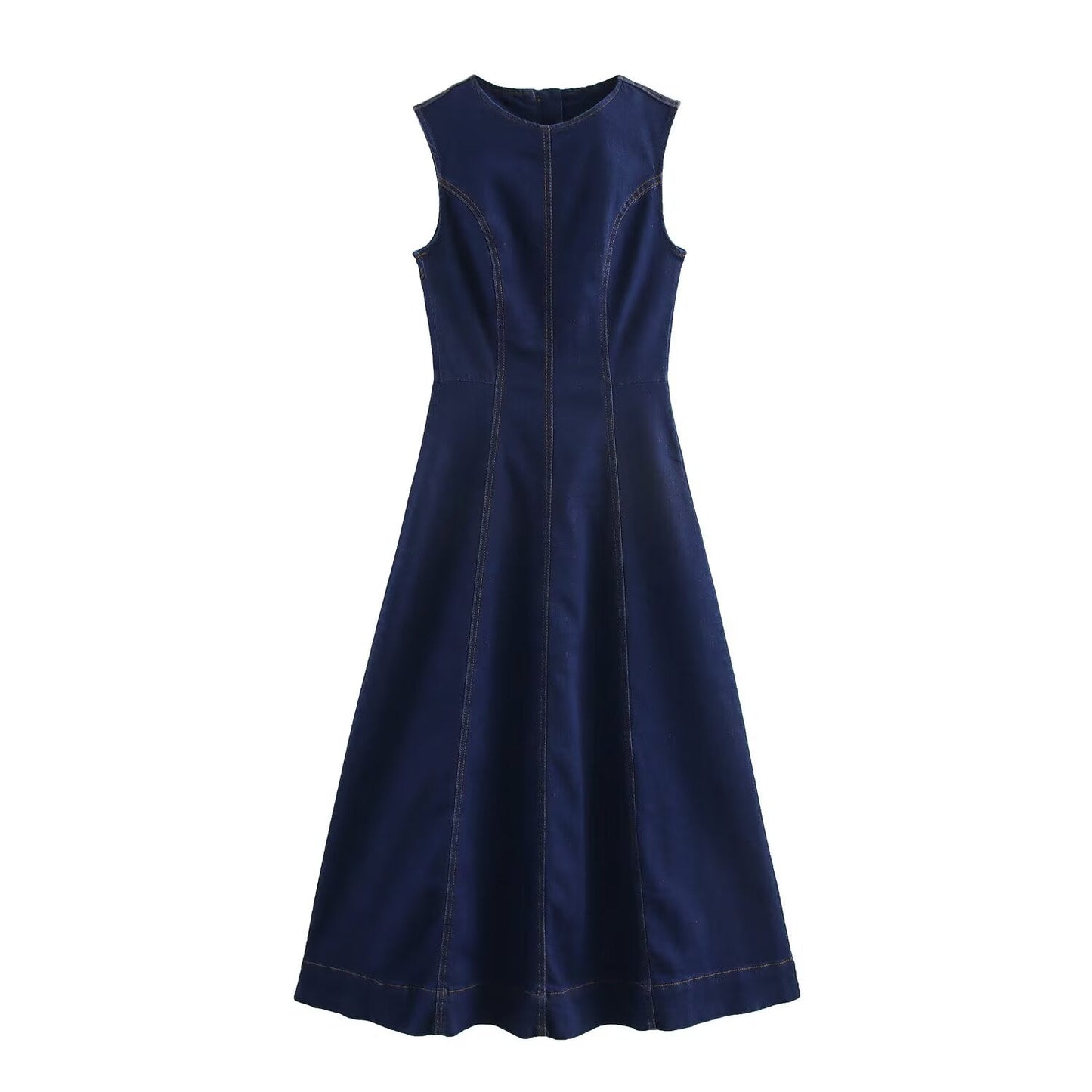 Women's new chic Fashion slim fit casual versatile wide pleated denim Midi dress retro round neck long sleeved women's dress Mujer