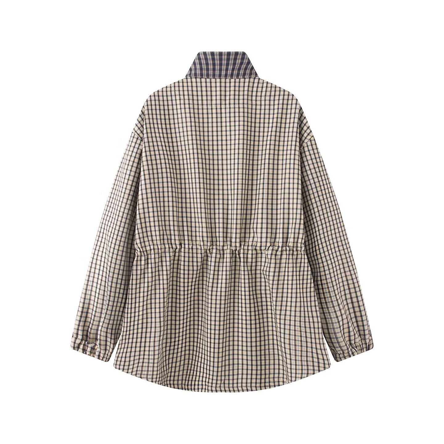 Women's casual stand collar waist cinched plaid Coat