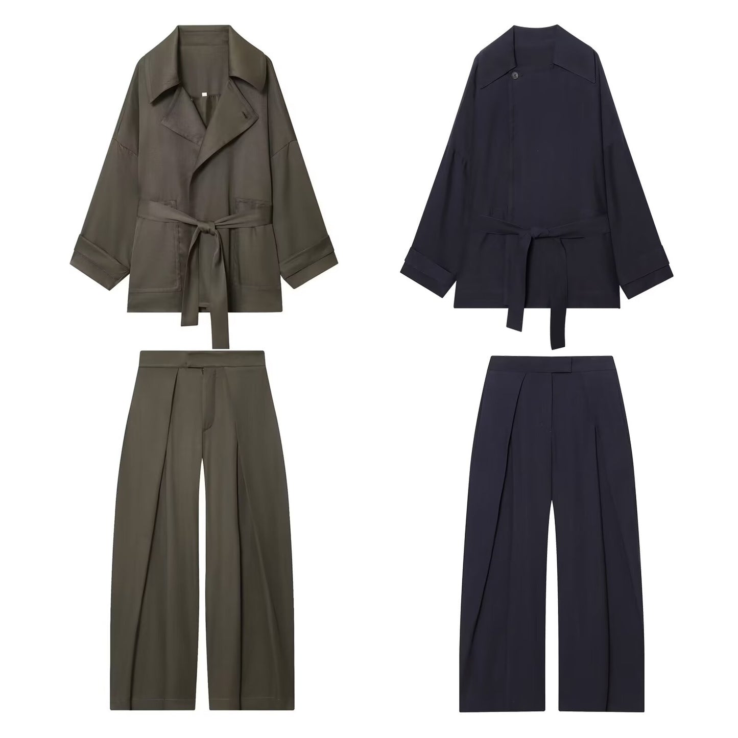 Women's New Fashion With Belt Loose Button-up Lapel Coat+Pants Suit