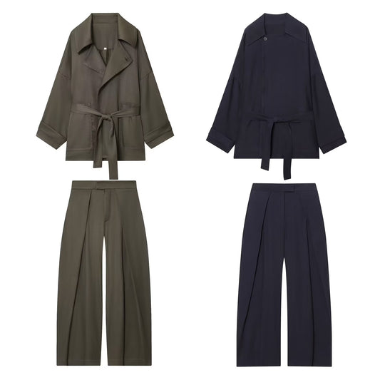 Women's New Fashion With Belt Loose Button-up Lapel Coat+Pants Suit