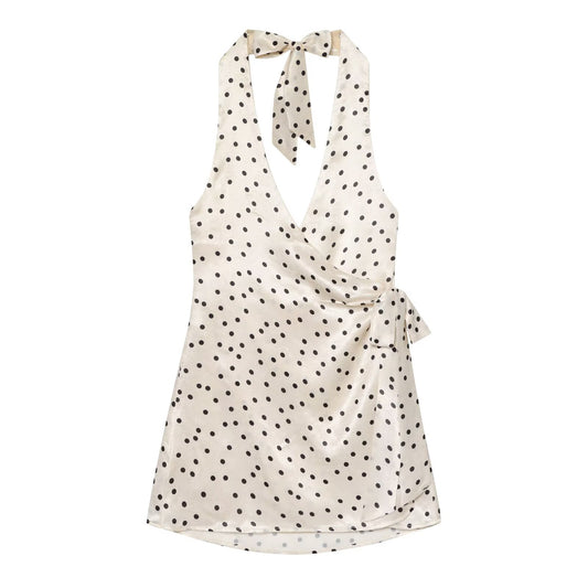 Women's satin textured polka dot halter neck dress