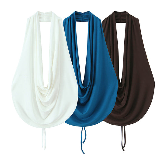 Women's pleated Hanging neck collar top