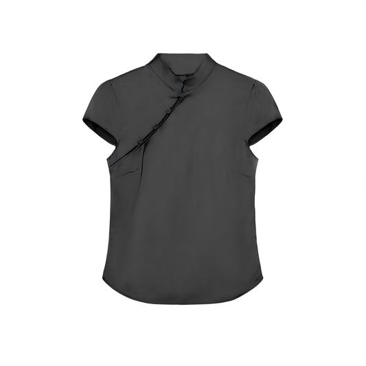 Women's satin textured short button top
