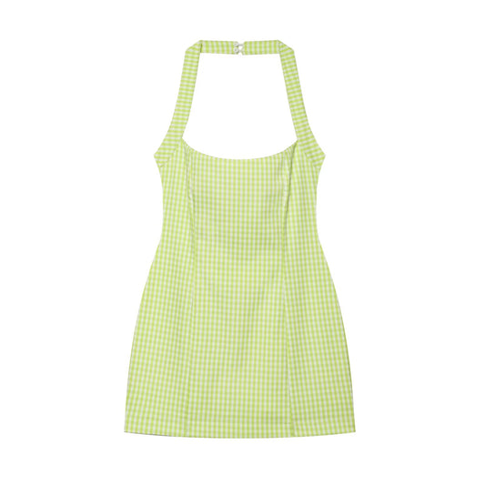 Women's slim plaid halter neck dress